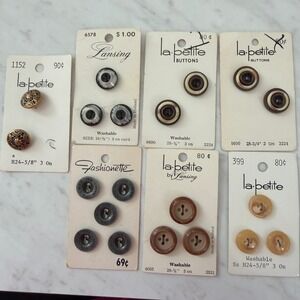 Vintage Lansing La Petite Fashionette Button Lot 7 Cards 18 Buttons Brown Gold‎